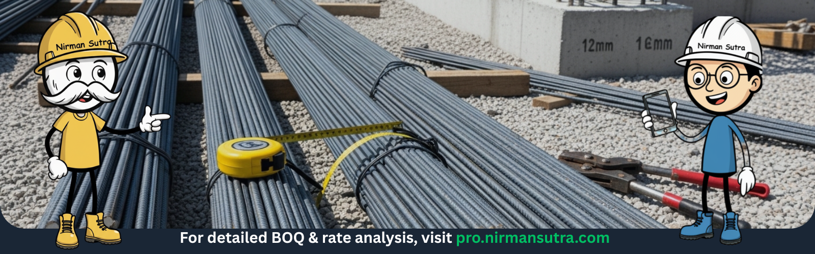 Bundles of TMT steel rebar stacked at a construction site
